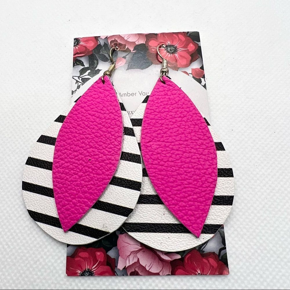 🍭4/$20 Amber Vaughn Teardrop Faux Leather Striped  Dangle Statement Earrings